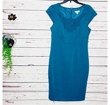 Charter Club Teal Blue Sheath Dress Size 8 Medium Embellished Neckline