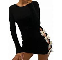 Black Womens Dresses Solid Color Round Neck Long Sleeve Slim Bow Hollow Dresses For Women 2024