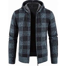 Xflwam Mens Plaid Knit Cardigan Sweater Jacket Full Zip Long Sleeve Fleece Hooded Knitted Cardigans Coat With 2 Pockets Blue M