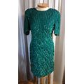 Vintage Large Green Beads Sequins Silk Dress Lady Woman L Formal Knee