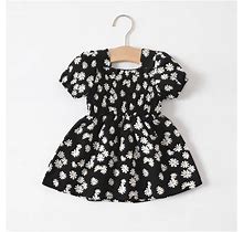 Patpat Women's Black Baby Girl Allover Daisy Floral Print Puff-Sleeve Shirred Dress 3-6 Months