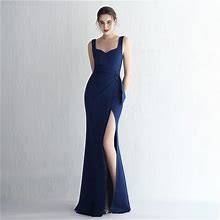 Royal Blue Satin Long Ruched Split Front Prom Dresses With Straps
