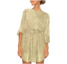 Itsun Dress For Women,Women's Fashion Crewneck Sequin Sleeve Solid Mini Dress Formal Dress Gold 4