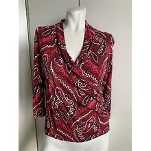 Talbots Petites Petite Red V-Neck Paisley 3/4 Sleeve Pullover Blouse Faux Wrap