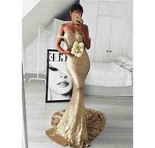 Gold Prom Dress Off-The-Shoulder Sleeveless Mermaid Sequins Long 2024