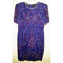 Robert Anthony Royal Purple Beaded/Sequined Silk Evening Sheath Dress