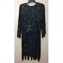 Vintage Swee Lo Black Silk Sequins Beaded Shift Dress Belt Headband Gatsby Style