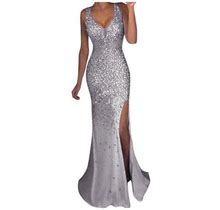 Beppter Clearance Women's Casual Dress Long Dresses Women Sequin Prom Party Ball Gown Sexy Gold Evening Bridesmaid V Neck Long Dress Silver,2XL