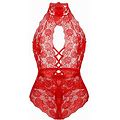 Women Lace Bodysuit Deep V Neck Dobby Mesh Body Suits Teddy Lingerie Red,M