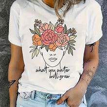 Floral & Portrait Print T-Shirt, Blouses, Tee, Casual Short Sleeve Crew Neck Top For Spring & Summer, Women's Clothing,White,All-New,Temu