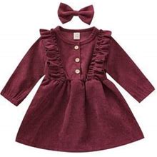 Caitzr Baby Girl Dress, High-Waist Midi, Long Sleeve Round Collar Ruffle Buttons Princess Pleated Fall Skirt Headband