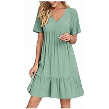 Summer Savings Clearance 2024! Loopsun Womens Summer Dresses, Casual V-Neck Short Sleeve Solid Loose Pleated High Waist Mini Dress Mint Green