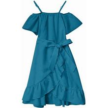 Girls Stylish Dress Summer Soild Color Shoulder Chiffon Ruffles Strap Casual Beach Breathable Thin Lightweight Sweet Cute Clothes Daily Wear Daily Wear Lovely Sundress