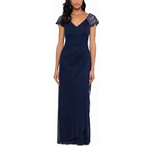 Xscape Lace-Sleeve Chiffon Gown - Navy Blue - Size 16