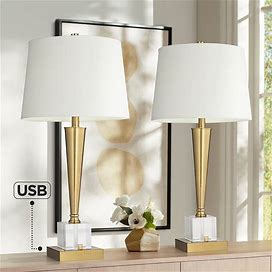 Possini Euro Wayne Brass And Crystal Table Lamps With USB Ports Set Of 2 - Style 703M1