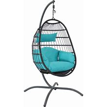 Sunnydaze Outdoor Resin Wicker Patio Penelope Hanging Basket Egg Chair Swing With Cushions, Headrest, And Steel Stand Set - Turquoise - 3Pc