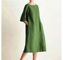 Uppada Cotton Linen Dresses For Women Casual Summer Baggy Long Dress With Pockets Women's Plus Size Loose Fit Kaftan Dresses Solid Maxi Dress Half Sle