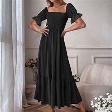 Finelylove Petite Maxi Dresses Semi Formal Junior Dresses V-Neck Solid Short Sleeve Sun Dress Black