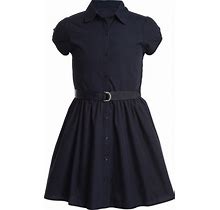 Little Girls Uniform Belted Poplin Shirt Dress - Navy - Size 4