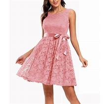 Women Vintage Sleeveless Princess Floral Lace O-Neck Party Swing Dress Pink M