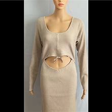 All In Favor Dresses | Gathered Front Cutout Long Sleeve Rib Midi Dress | Color: Tan | Size: Xl