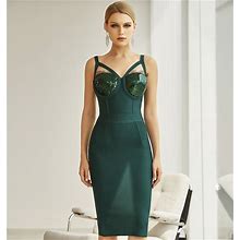 Designer Couture Dark Green Sequin Bandage Dress Bust Strap Corset