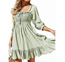 Musuos Women Mini Dress 3/4 Sleeve Square Neck Pleated Lacing Casual Daily Summer Dress