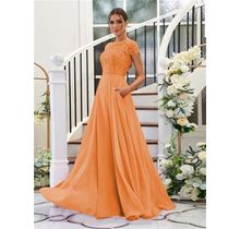 A-Line Long Orange Chiffon Lace Short Sleeves Bridesmaid Dress 2024