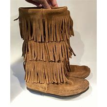 Minnetonka Fringe Brown Rust Suede Leather 3 Layer Tall Boots Size 6