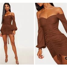 Prettylittlething Dresses | Ribbed Bardot Balloon Sleeve Ruched Bodycon Dress | Color: Brown | Size: 12