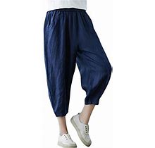 Einccm Women Cotton And Linen Yoga Harem Pants Elastic Waist Comfy Loose Crop Trousers For Yoga Running With Pockets(Navy, XL)