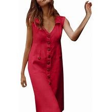 Yuehao Summer Dresses For Women 2022 Women's Summer Casual Solid With Buttons Sleeveless Mid Dress (Red L)