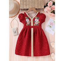 Young Girl Flower Printed Set With Cold-Shoulder Collar And Bubble Sleeve Dress, Spring And Summer,4Y