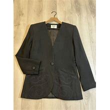 Kasper 100% Wool Vintage Black Embellished Collarless Blazer Jacket Sz