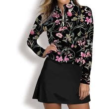 Women's Golf Polo Shirt Black Long Sleeve Sun Protection Top Floral Fall Winter Ladies Golf Attire Clothes Outfits Wear Apparel