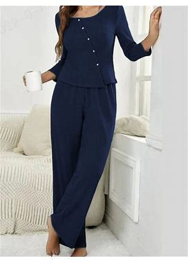 Women Two Piece Plain Outfit Set Long Sleeve Crewneck Pullover Button Top And Wide Leg Pants Navyblue/L