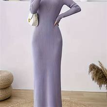 Solid Color Dress, Women's Elegant Mock Neck Women's Clothing Long Sleeve Dress,Light Purple,Trending,By Temu