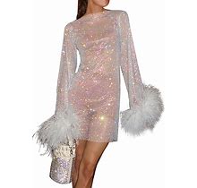 NUFIWI Women Sparkly Sequin Mesh Dress Long Sleeve Feather Bodycon Mini Dress Hollow Out Party Club Dress
