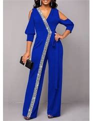 Image result for Pantsuit / Jumpsuit Mother Of The Bride Dress Wrap Included V Neck Ankle Length Chiffon Lace 3/4 Length Sleeve With Crystal Brooch 2022 Ocean Blue US