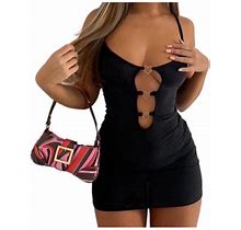 Women Spaghetti Strap Dress Heart Ring Cutout Backless Bodycon Dress