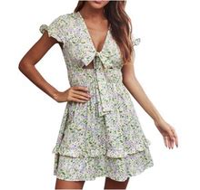 Fesfesfes Spring Dress For Women Deep V Neck Lace Up Floral Print Boho Dress Pleated Hight Waist Cape Sleeve Dress Loose Casual Vacation Beach Sun Dre
