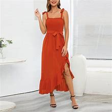 Finelylove Formal Dresses For Woman Sexy Birthday Dress V-Neck Solid Sleeveless Sun Dress Red