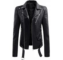 Women's Lapel Collar Button Motorcycle Jacket Leather Short Jacket Coat