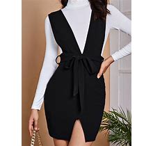 Split Hem Belted Pinafore Dress Without Tee,L