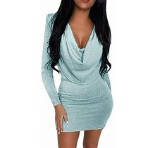 Yubnlvae Dresses For Women Fashion V-Neck Bodycon Sequins Dress Long Sleeve Party Mini Dresses - Sky Blue