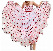Lajitongtong Valentine's Day Women's Sleeveless Backless Off Shoulder Heart Print Tulle Dress