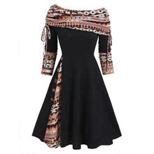 Vkekieo Casual Dresses For Women Jacket Dress Off-The-Shoulder Long Sleeve Printed Black XL
