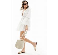 Miss Selfridge Beach Broderie Lace Insert Fluted Sleeve Cover Up Mini Dress In White - White (Size: S)