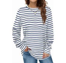 Dofaoo Blue And White Striped Shirt Women Long Sleeve Tunic Tops To Wear Wth Leggings Navy S
