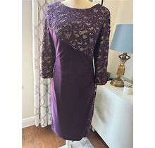R & M Richards Plum Purple Lace Ruched Embellished Jersey Dress 14 P